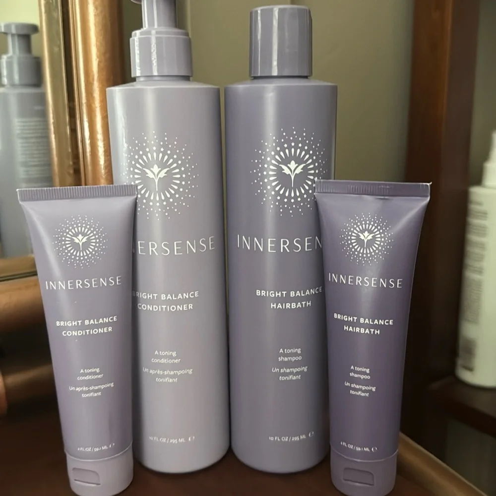 Innersense bright balance duo and samples. Purple shampoo for toning brassiness.